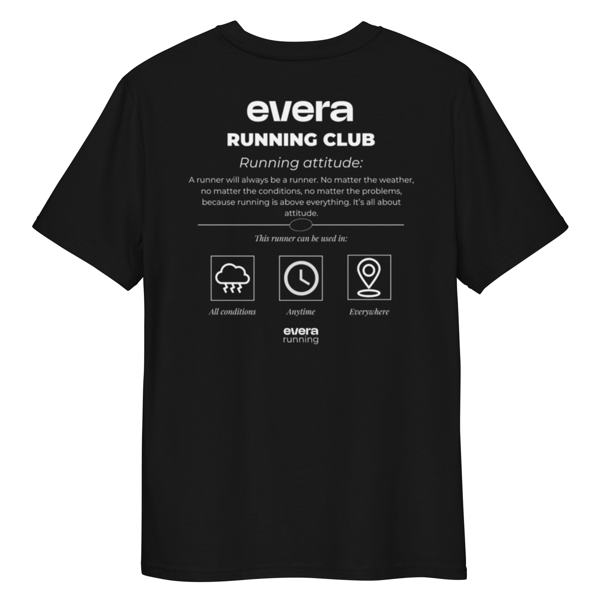 Camiseta de lifestyle de color negro de Evera Running Club, Running Attitude. Camiseta lifestyle para runners.