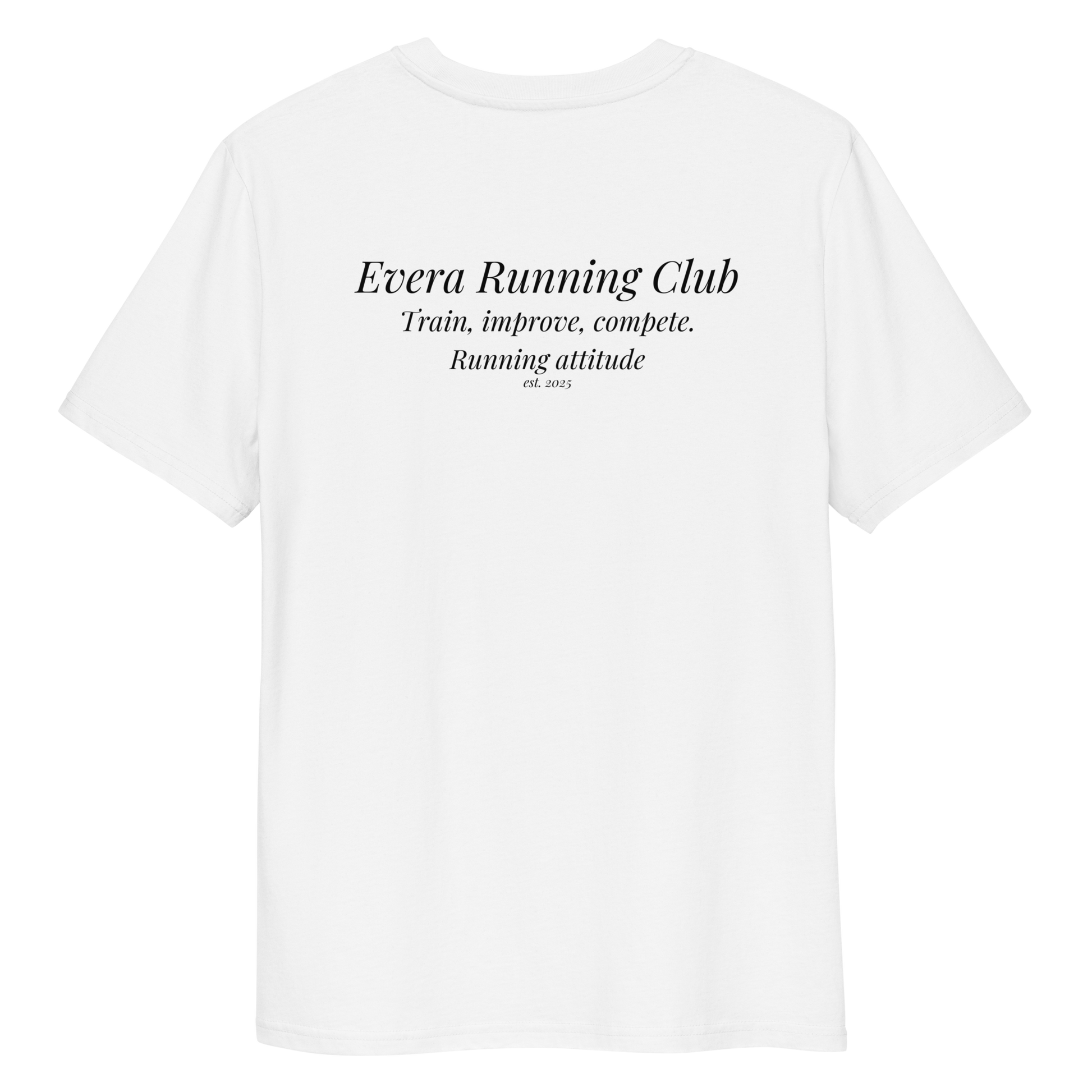 Camiseta blanca Evera Running Club en modelo unisex, estilo urbano y tipografía elegante. Ideal para runners que viven su pasión dentro y fuera del asfalto.