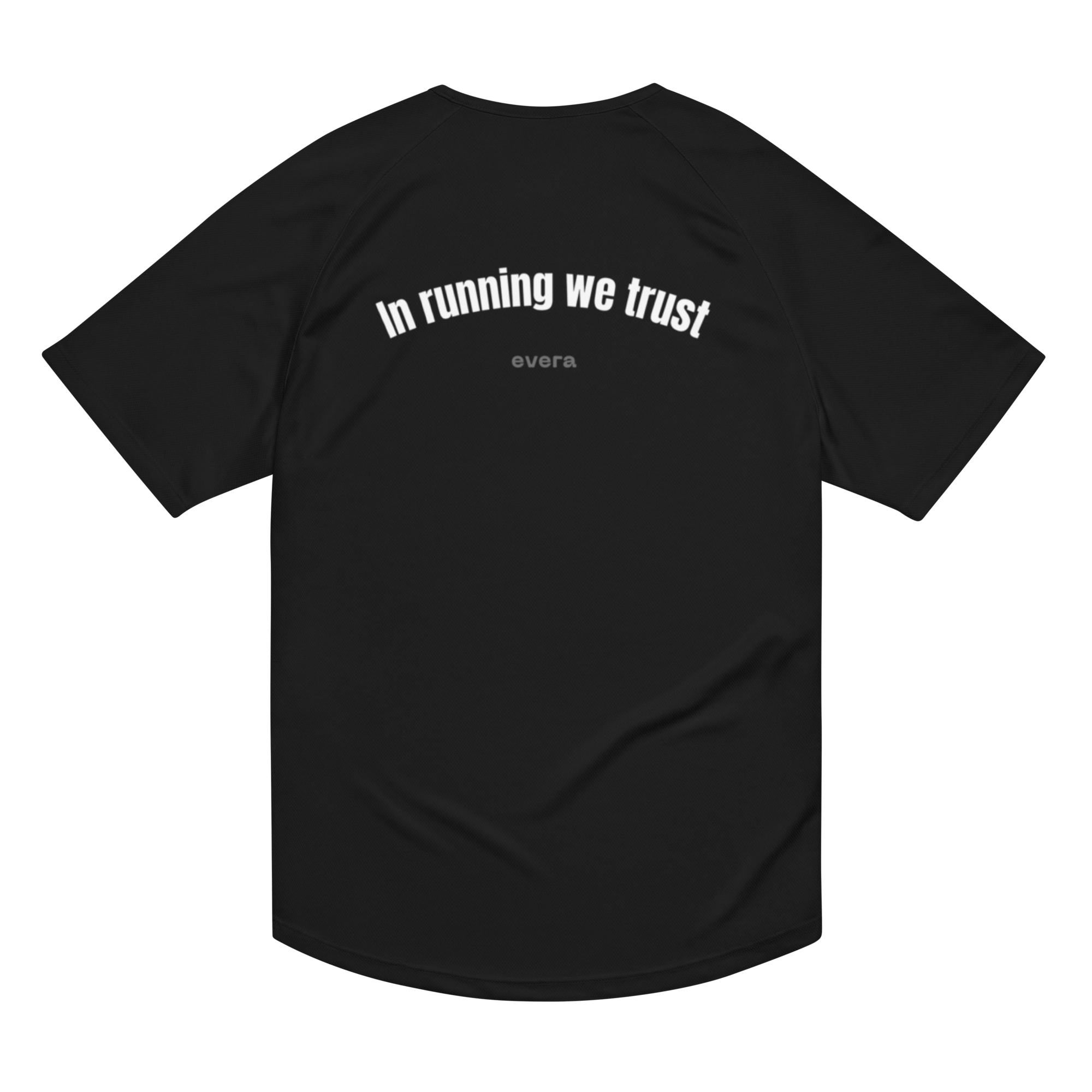 Camiseta de running negra hombre y mujer “In Running We Trust”. Camiseta running de Evera.